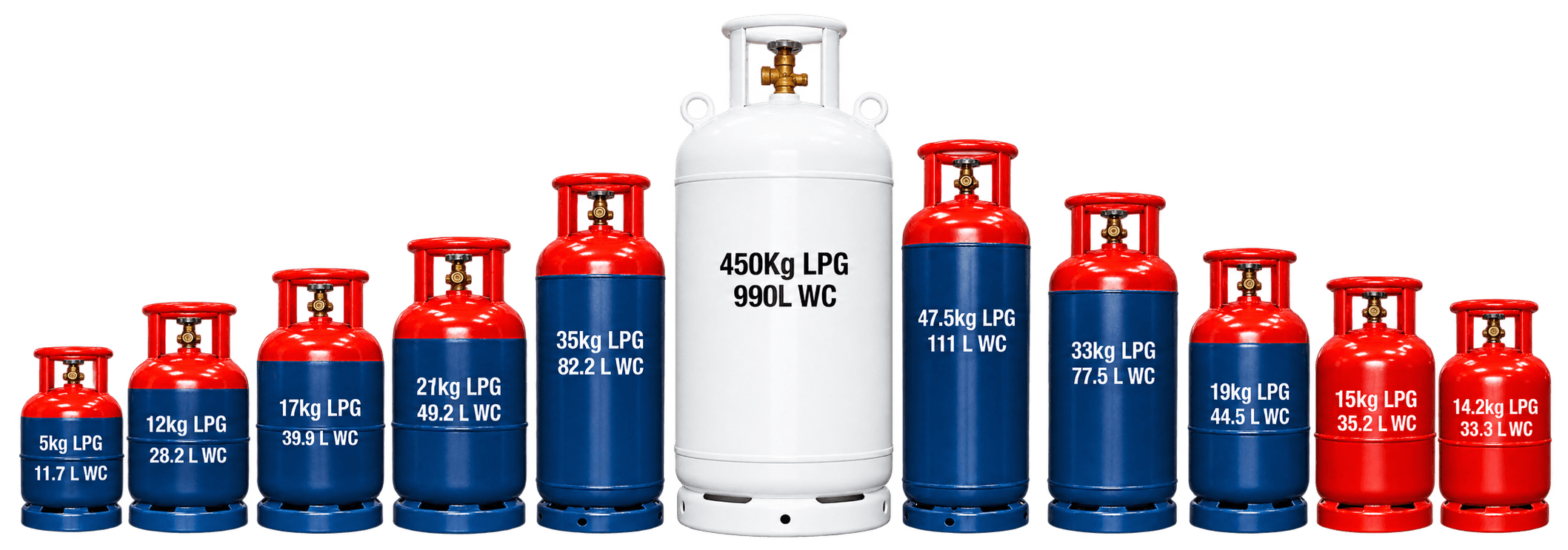 The BSR Group range of LPG cylinders, from 5 kg to the 450 kg bulk cylinder